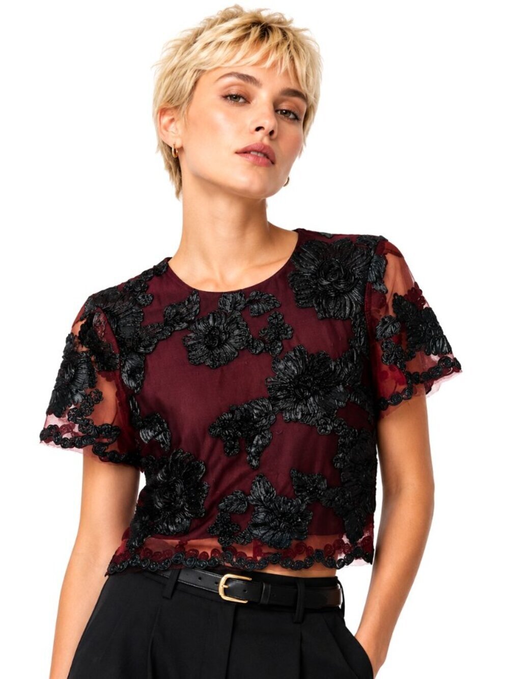 Arc N Co Burgundy Red Mesh Black Ribbon Trim Crop Top